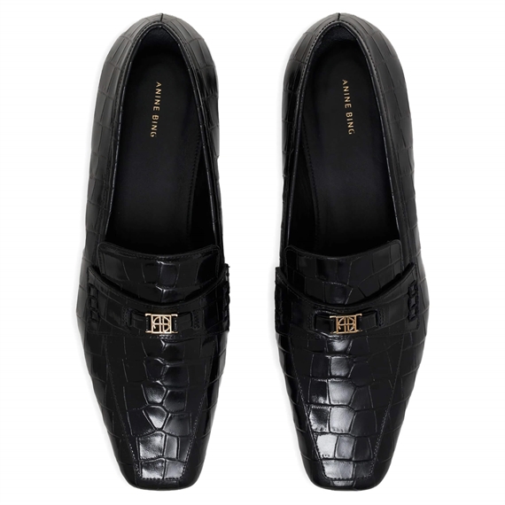Anine Bing Freya Monogram Loafers, Black Embossed
